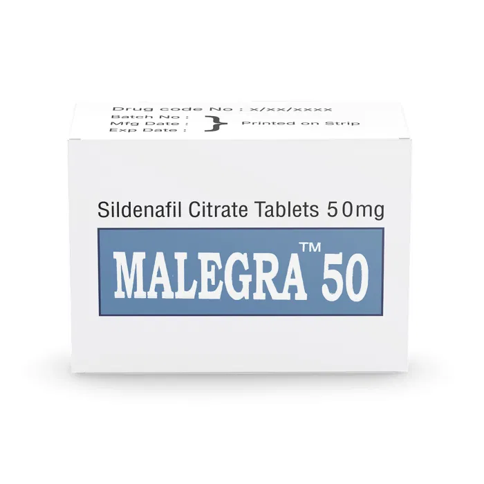 Malegra 50 Mg Box/Carton showing the Front face.