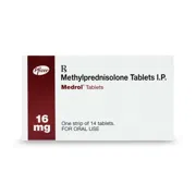 Medrol 16 Mg Tablet Box/Carton + Blister Pack showing the Front face.