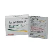 Megalis 10 Mg Box/Carton + Blister Pack showing the Front face.