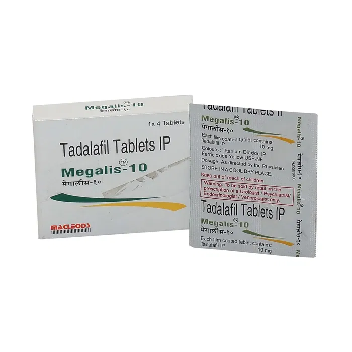 Megalis 10 Mg Box/Carton + Blister Pack showing the Front face.