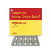 Megamentin 375 Mg Tablet Box/Carton + Blister Pack showing the Front face.