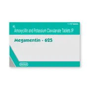 Megamentin 625 Tablet Box/Carton showing the Front face.