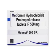 Melmet 500 SR Tablet Box/Carton showing the Front face.