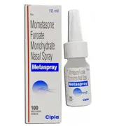 Metaspray 100 mdi Nasal Spray Box/Carton + Bottle showing the Front face.
