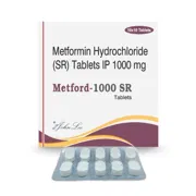 Metford 1000 Mg SR Tablet Box/Carton + Blister Pack showing the Front face.
