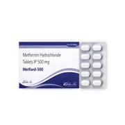 Metford 500 Mg Tablet Box/Carton + Blister Pack showing the Front and Back face