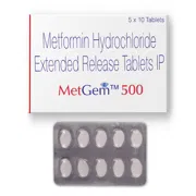 Metgem 500 Tablet ER Box/Carton + Blister Pack showing the Front face.