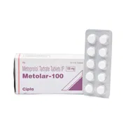 Metolar 100 Mg Box/Carton + Blister Pack showing the Front face.