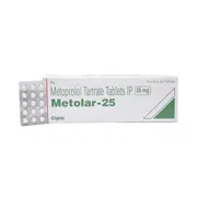 Metolar 25 Mg Box/Carton + Blister Pack showing the Front face.