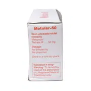 Metolar 50 Mg Box/Carton showing the Back face.