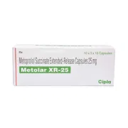 Metolar XR 25 Mg Box/Carton showing the Front face.
