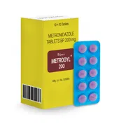 Metrogyl 200 Mg Tablet Box/Carton + Blister Pack showing the Front face.