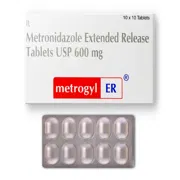 Metrogyl ER 600 Mg Tablet Box/Carton + Blister Pack showing the Front face.