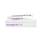 Metrogyl Gel 30 Gm Tube + Box/Carton showing the Front face.