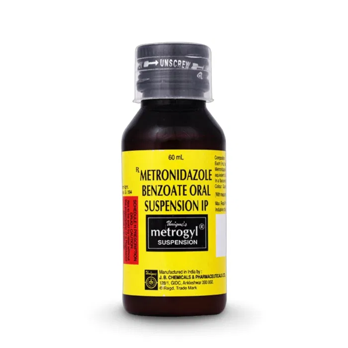 Metrogyl Suspension 60 ml Bottle showing the Front face.