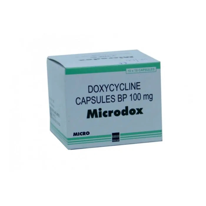 Microdox 100 Mg Capsule Box/Carton showing the Front face.
