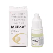 Milflox 0.5% 5 ml Box/Carton + Eye Drops Bottle showing the Front face.