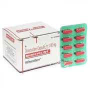 Minicycline Capsule Box/Carton + Blister Pack showing the Front face.