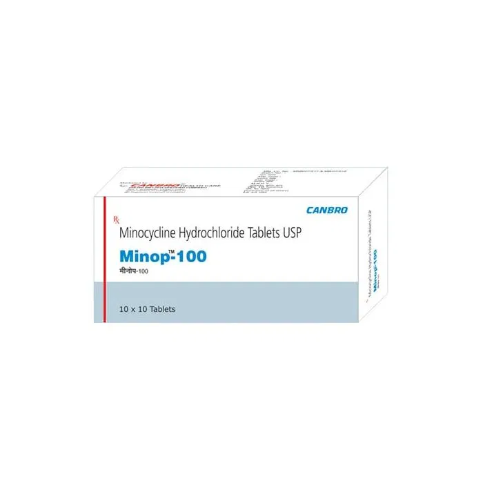 Minop 100 Tablet Box/Carton showing the Front face.