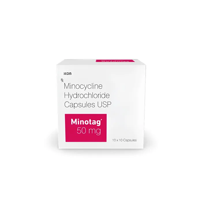 Minotag 50 Mg Capsule Box/Carton showing the Front face