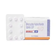 Minoz 50 Mg Box/Carton + Blister Pack showing the Front face.