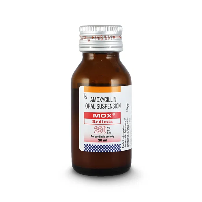 Mox Redimix Oral Suspension Bottle showing the Front face.