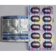 Moxikind-CV 375 Tablet Box/Carton + Blister Pack showing the Front/Back face.