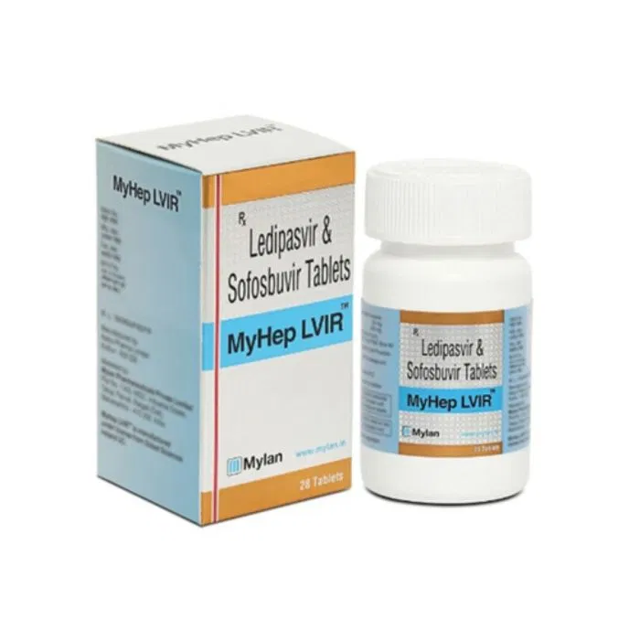 Myhep LVIR Tablet 90 Mg + 400 Mg Box/Carton + Bottle showing the Front face.