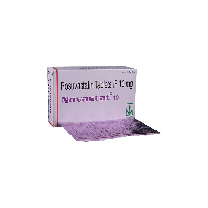 Novastat 10 Tablet Box/Carton + Blister Pack showing the Front face.