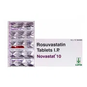 Novastat 10 Tablet Box/Carton + Blister Pack showing the Front face.