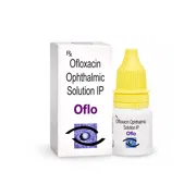 Oflo Ophthalmic Solution Box + Eye Drops Bottle Showing the Front face