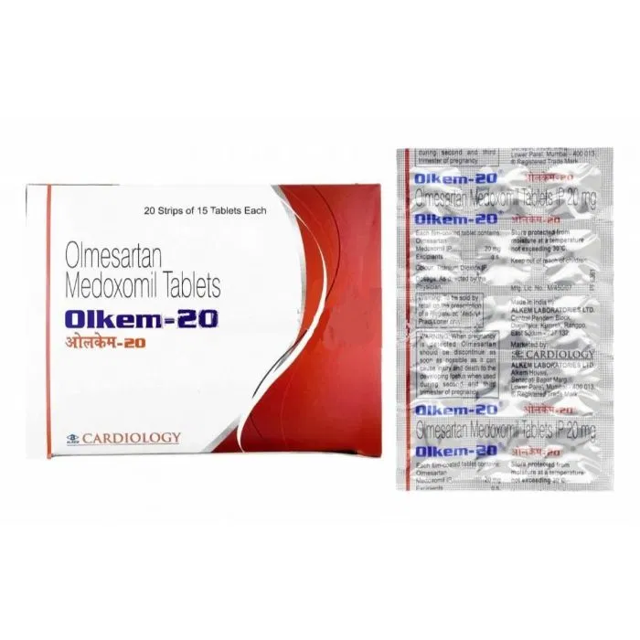 Olkem 20 Tablet Box/Carton + Blister Pack showing the Front face.