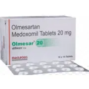 Olmesar 20 Tablet Box/Carton + Blister Pack showing the Front face.