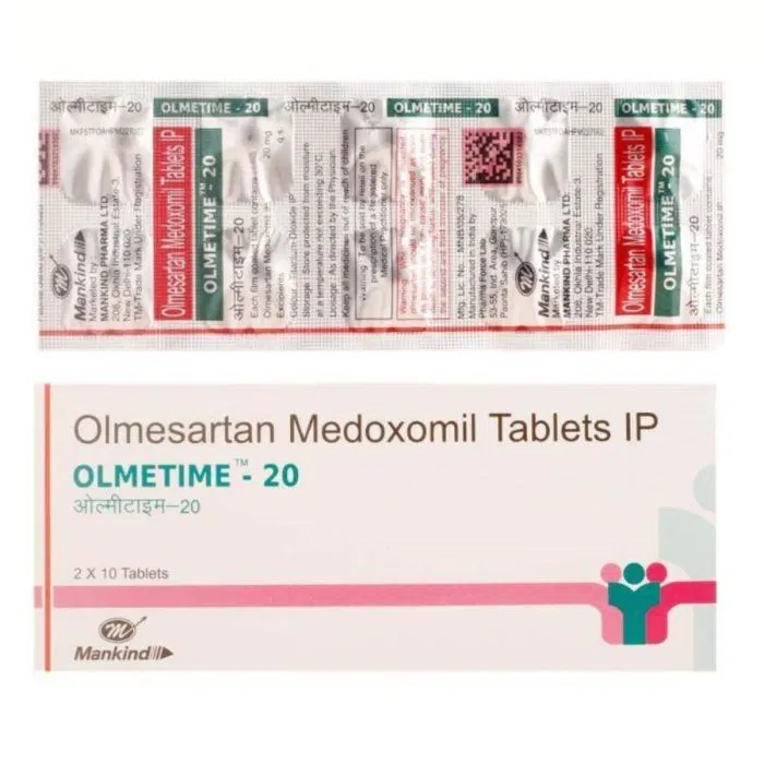 Olmetime 20 Tablet Box/Carton + Blister Pack showing the Front face.