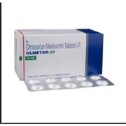 Olmetor 20 Tablet Box/Carton + Blister Pack showing the Front face.