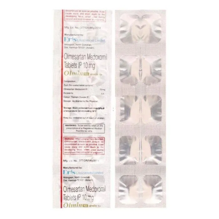 Olmin 10 Tablet Blister Pack showing the Front face.