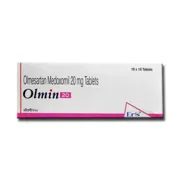 Olmin 20 Tablet Box/Carton showing the Front face.
