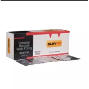 Olmy 20 Tablet Box/Carton + Blister Pack showing the Front face.