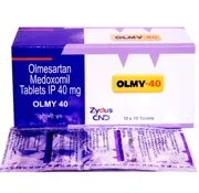 Olmy 40 Tablet Box/Carton + Blister Pack showing the Front face.