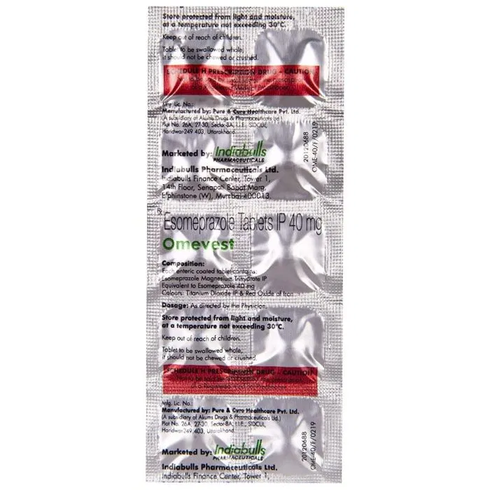 Omevest 40 mg Tablet Strip showing the Front face.
