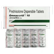 Omnacortil 10 Mg Tablet Box/Carton + Blister Pack showing the Front face.