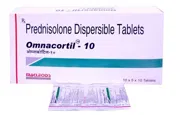 Omnacortil 10 Tablet DT Box/Carton + Blister Pack showing the Front face.