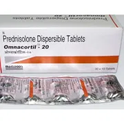 Omnacortil 20 Mg Tablet Box/Carton + Blister Pack showing the Front face.