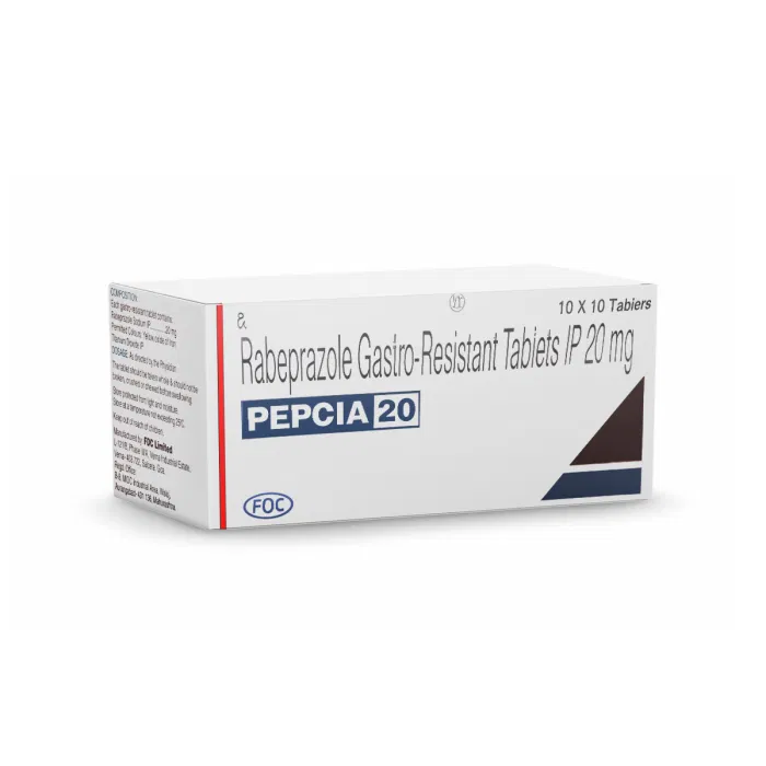 Pepcia 20 Tablet Box/Carton showing the Front face.