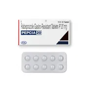 Pepcia 20 Tablet Box/Carton + Blister Pack showing the Front face.