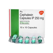 Phexin 250 Mg Box/Carton + Blister Pack showing the Front face.