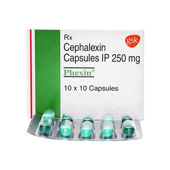 Phexin 250 Mg Box/Carton + Blister Pack showing the Front face.