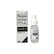 Pilocar Eye drop 5 ml Box/Carton + Eye Drops Bottle showing the Front face.