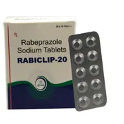 Rabiclip 20 Mg Tablet Box/Carton + Blister Pack showing the Front face.