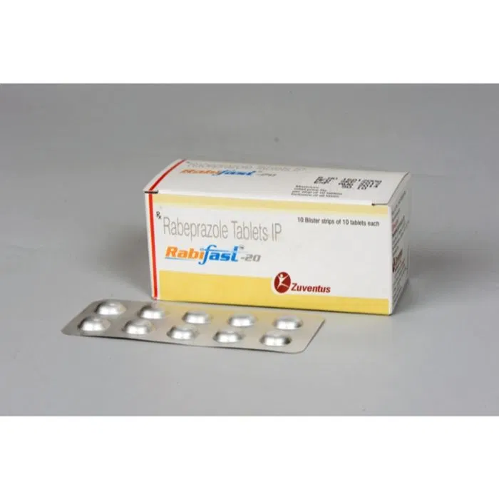 Rabifast 20 Tablet Box/Carton + Blister Pack showing the Front face.